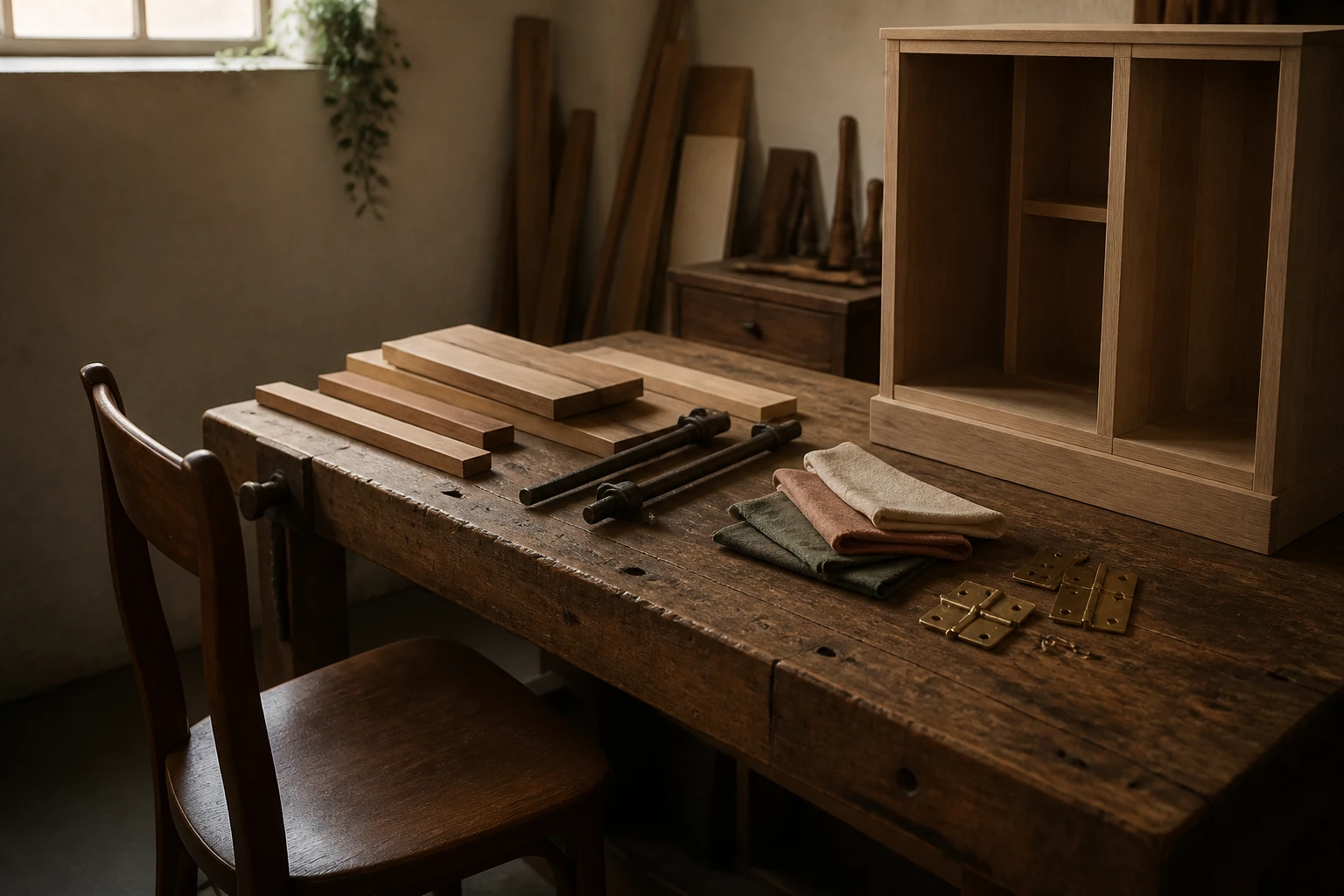 Timber offcuts, clamps, fabric swatches and brass hinges on a custom-furniture workshop bench.