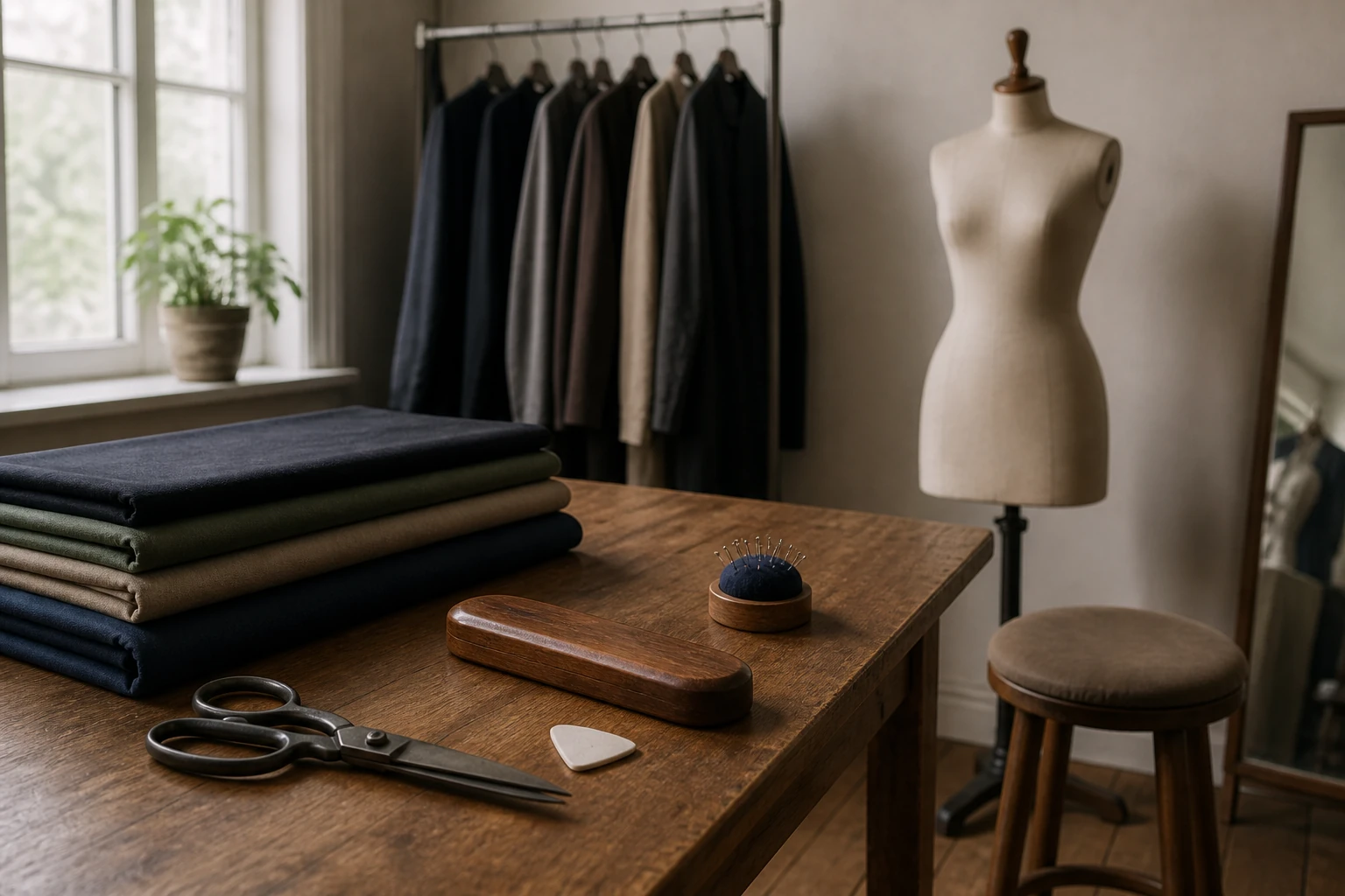 An empty tailoring studio fitting corner with folded fabric, measuring tools and a stool.