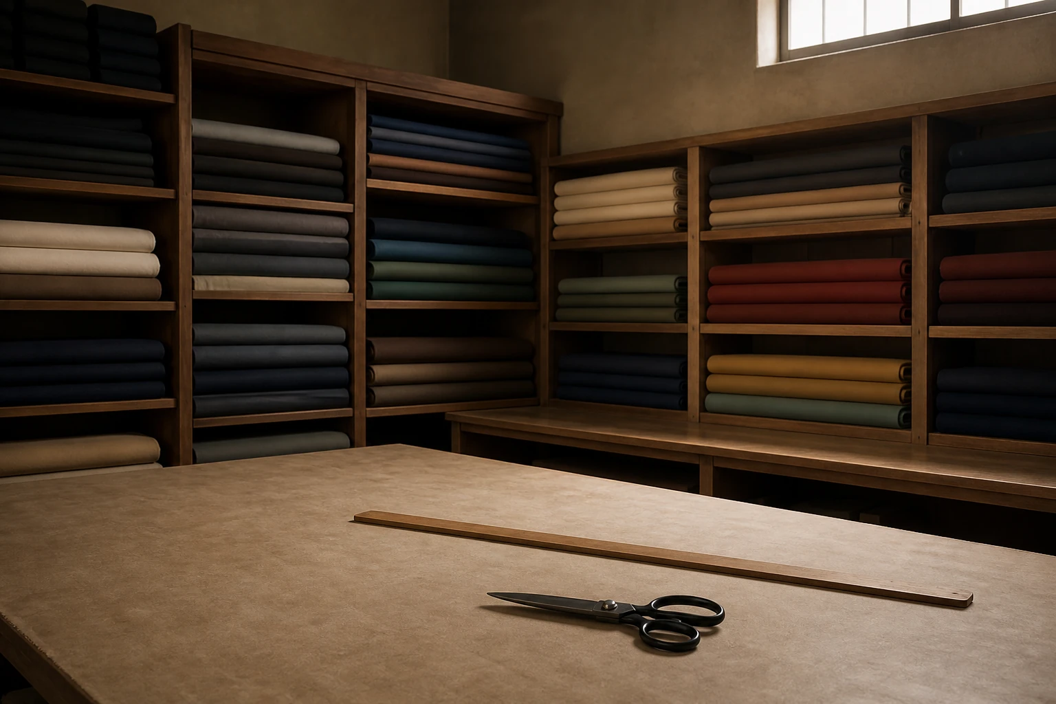 An empty neighborhood fabric shop stockroom with folded cloth and measuring tools.