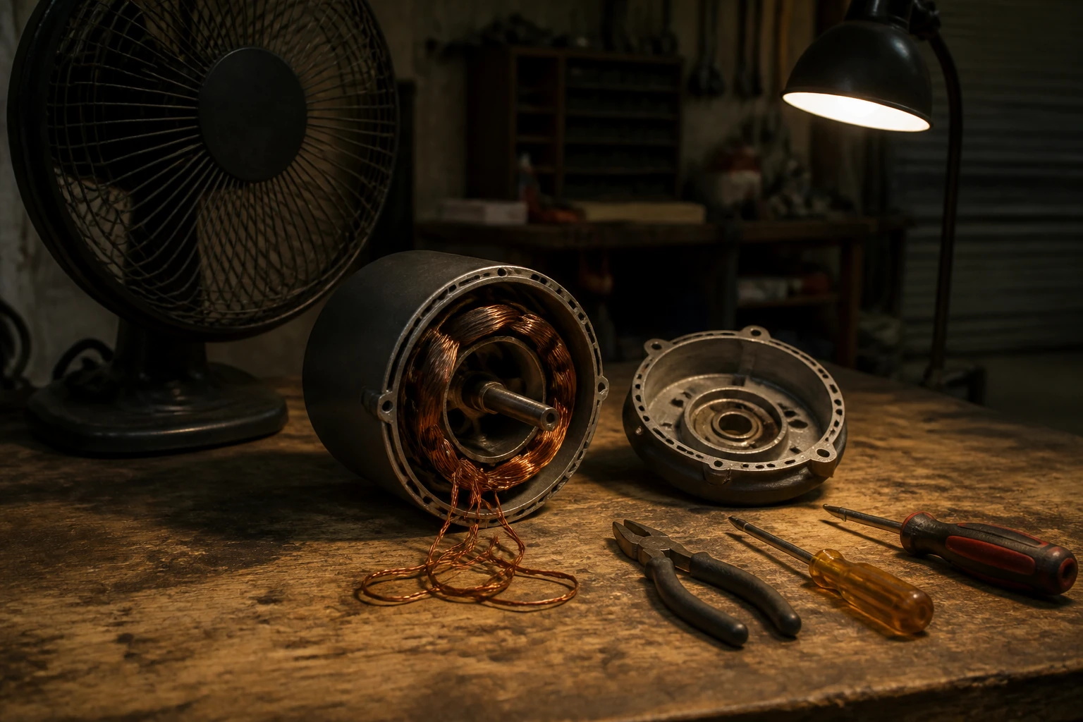 An opened fan motor and hand tools on an appliance repair workbench after closing.