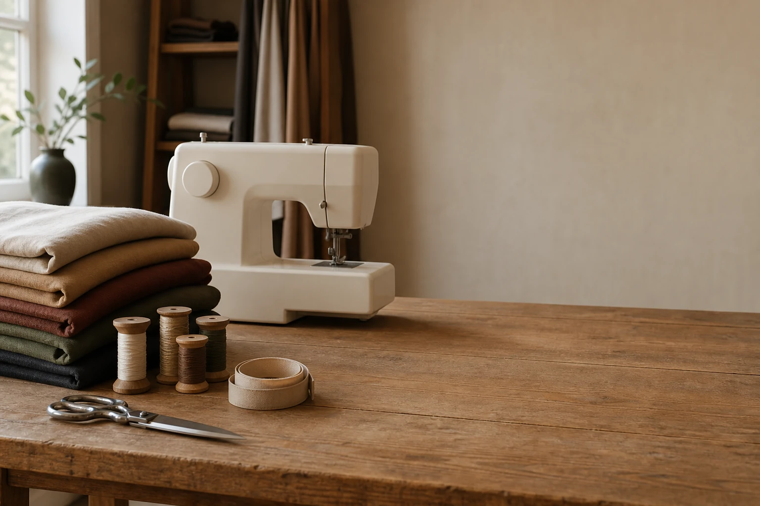 Folded fabric, thread spools, shears and a sewing machine on an empty tailoring workbench.