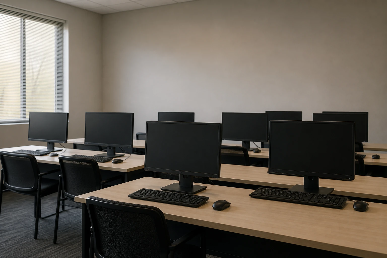An empty computer training room with powered-off monitors, plain desks and neatly tucked chairs.