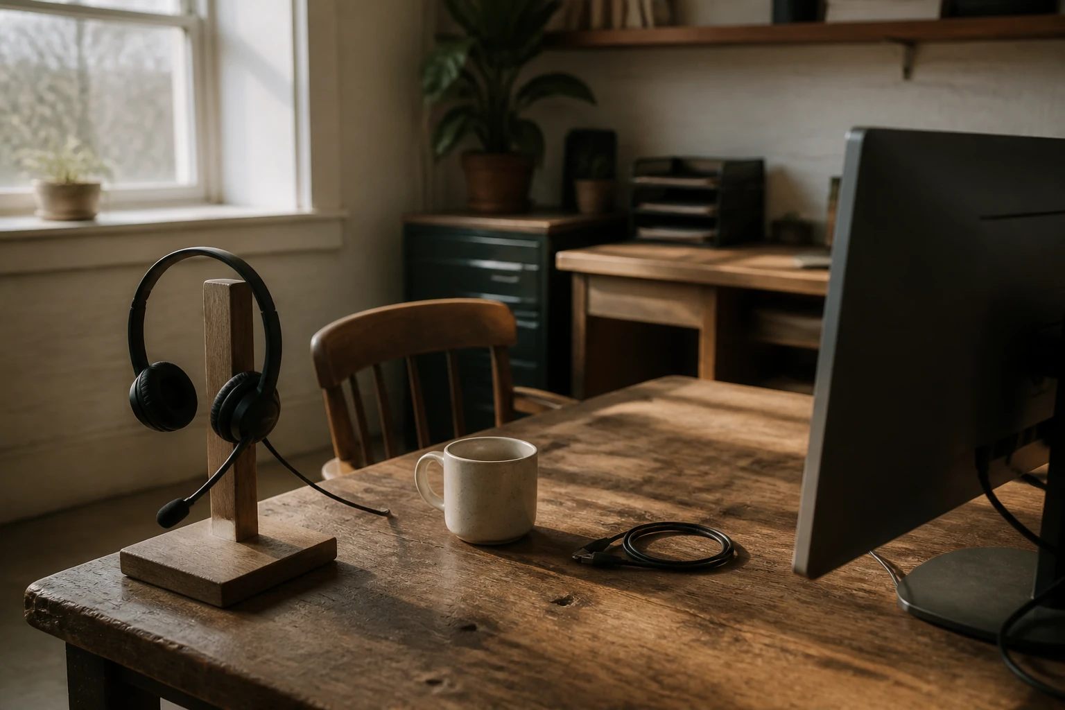 An empty small-business back office with a wired headset, wooden chair, ceramic cup and coiled cable in morning light.