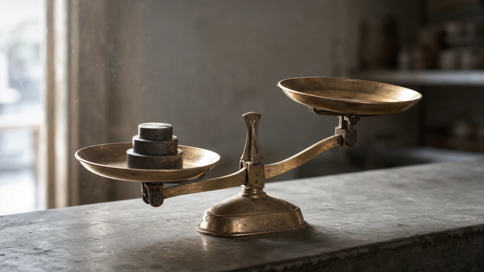 A worn brass balance scale on a counter, one pan holding iron weights and the other empty.