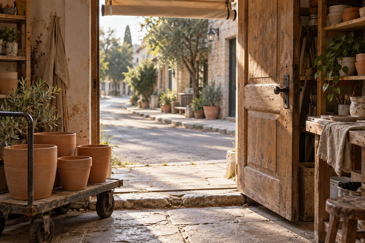 An empty pottery studio entrance with unglazed planters, a hand cart and an open wooden doorway.