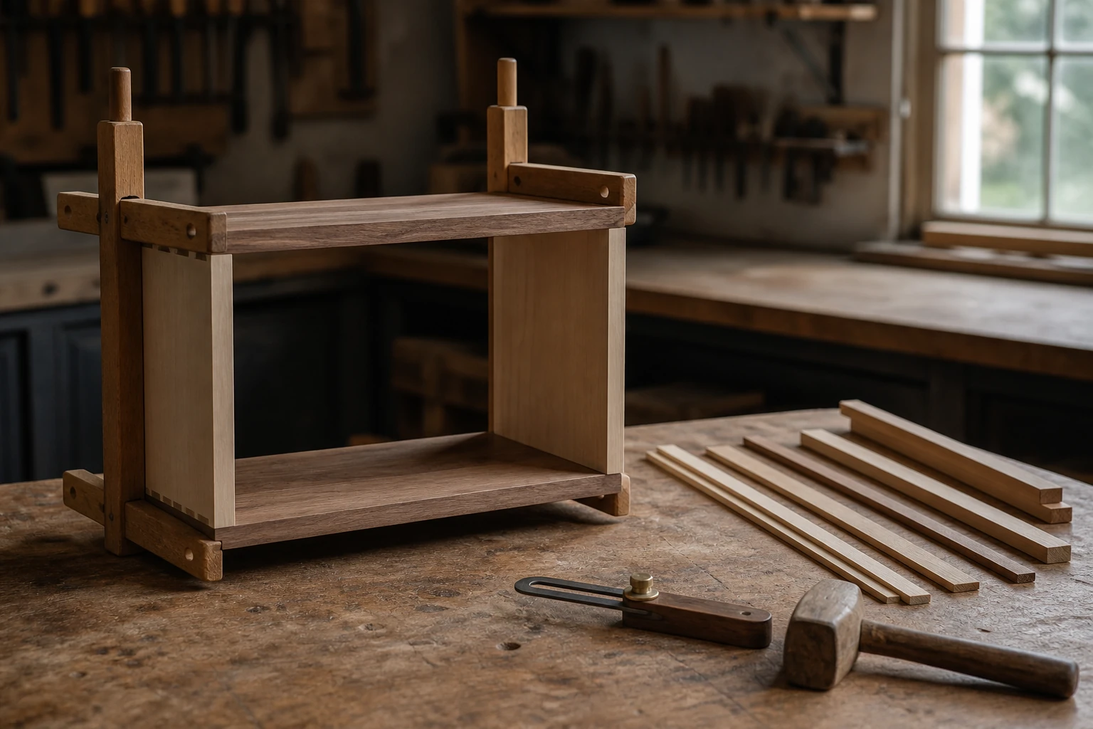 An empty custom furniture workshop bench with a clamped cabinet frame, timber strips, a bevel gauge and a wooden mallet.