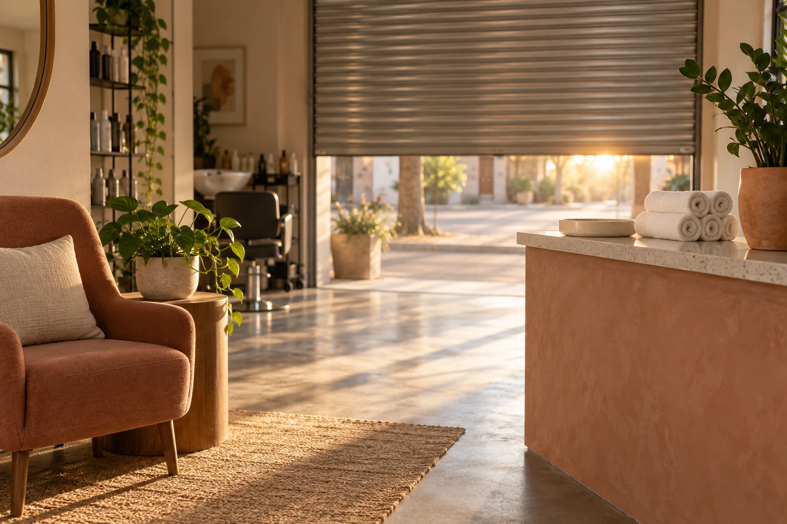 An empty salon reception with a waiting chair, rolled towels and morning light beneath a half-lowered shutter.