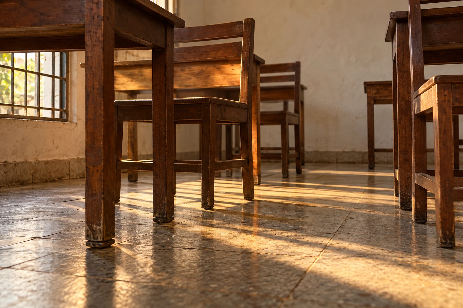 Empty desks and chairs in a small tutoring classroom in late-afternoon light.