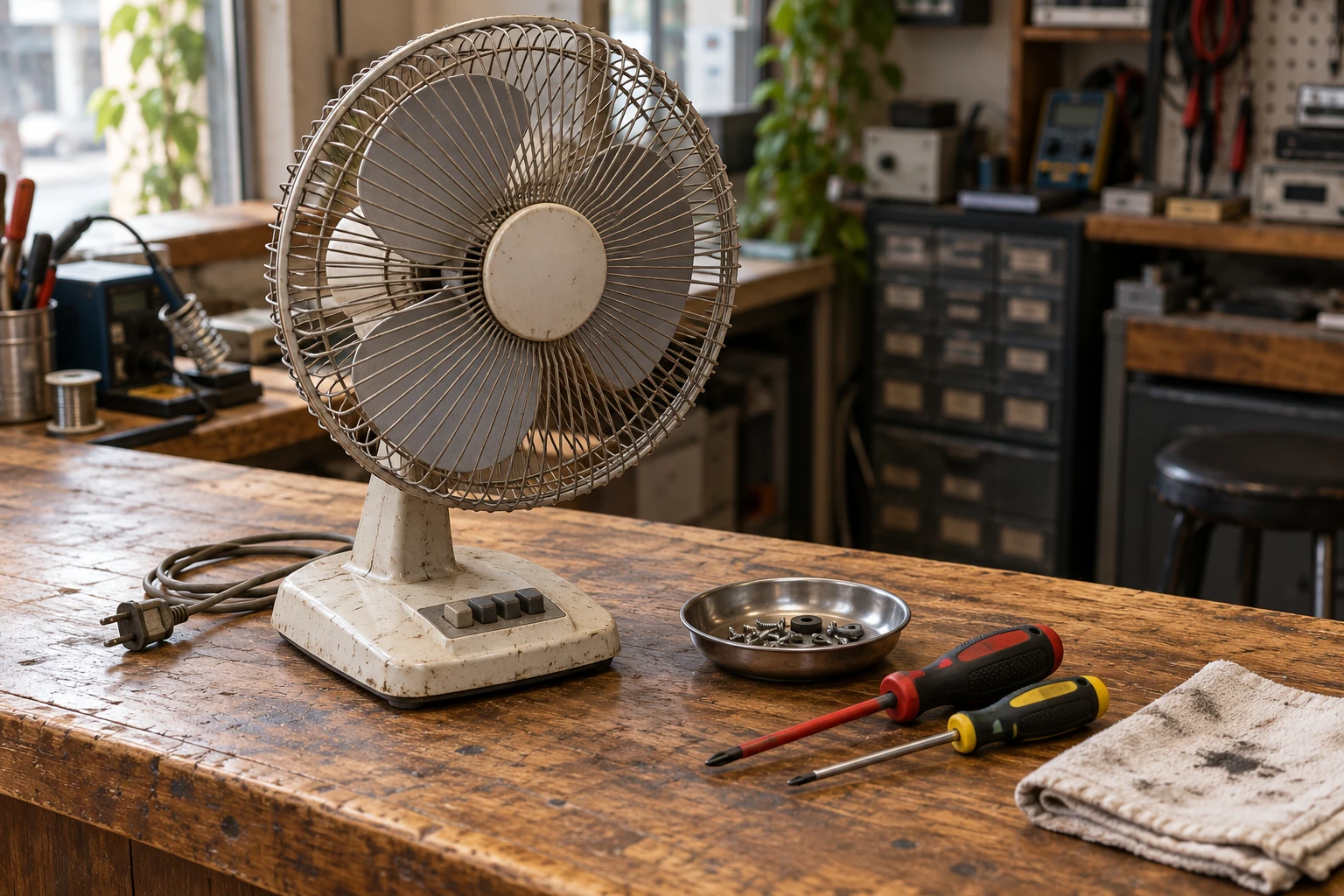 A tabletop fan, screwdrivers and loose screws on a repair shop counter.