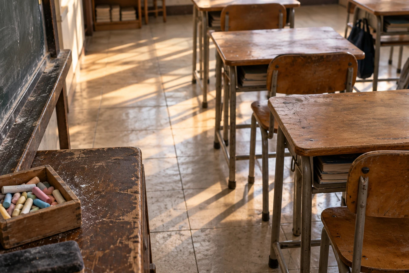 Empty tutoring center classroom with wooden desks, chairs and afternoon light across the floor.